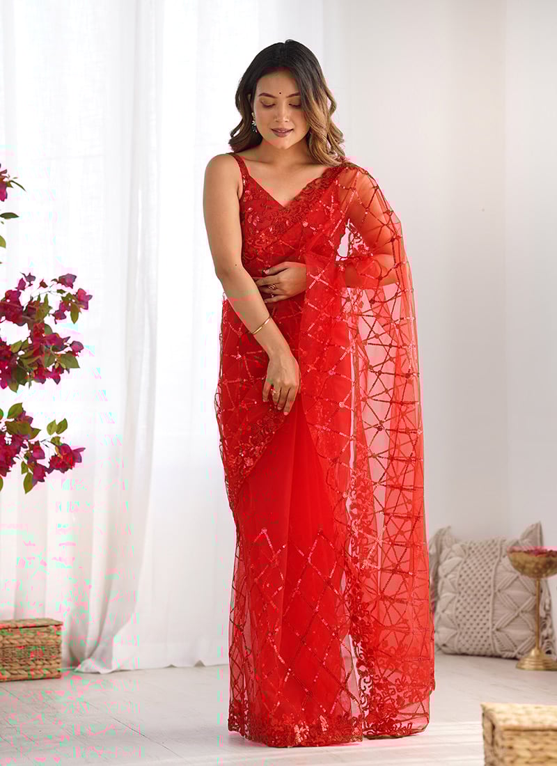 Red Soft Net Embroidered Sequins Saree Festive Wear