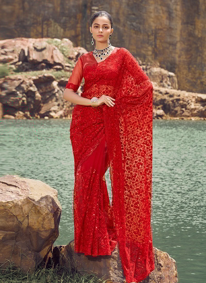Red Soft Net Embroidered Sequins Saree Festive Wear-SASAF2405