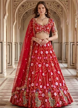 Red Soft Net Embroidery Sequins Lehenga