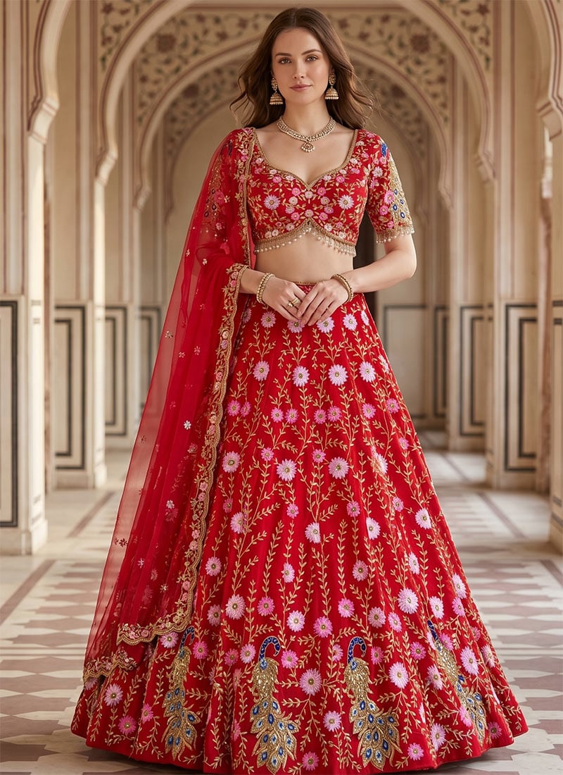 Red Soft Net Embroidery Sequins Lehenga Wedding Wear