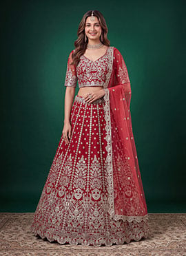 Red Soft Net Zari Dori Sequins Embroidered Lehenga