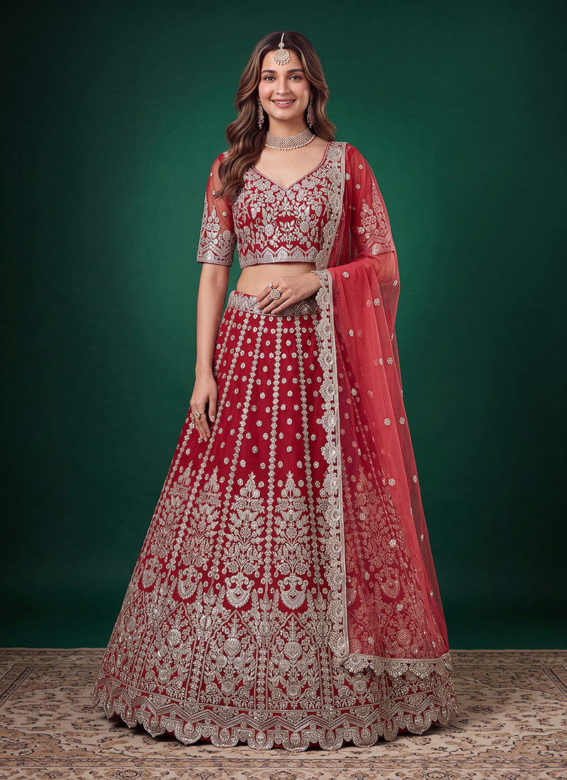 Red Soft Net Zari Dori Sequins Embroidered Lehenga Wedding Wear