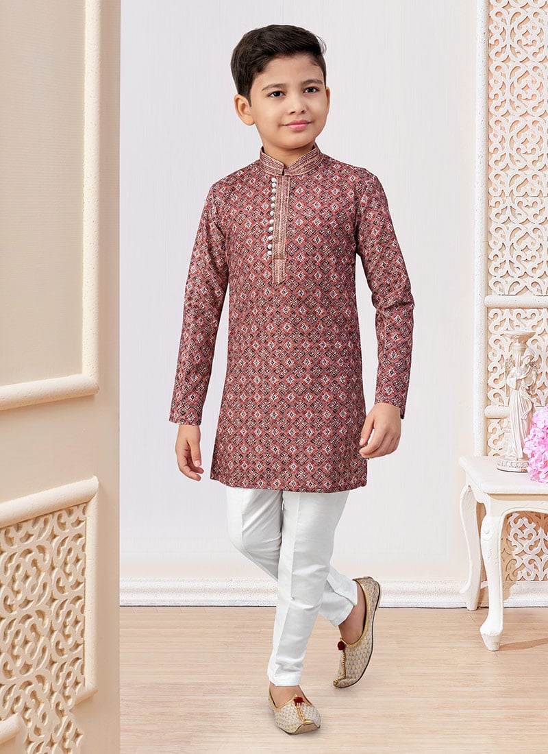Red Soft Rayon Printed And Embroidered Boys Kurta Pyjama Festive Wear
