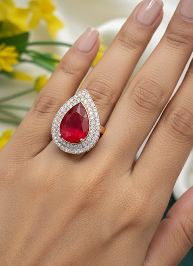 Red Stone And Kundan Work Hand Ring For Women Festive Wear