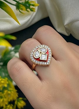 Red Stone And Kundan Work Hand Ring For Women