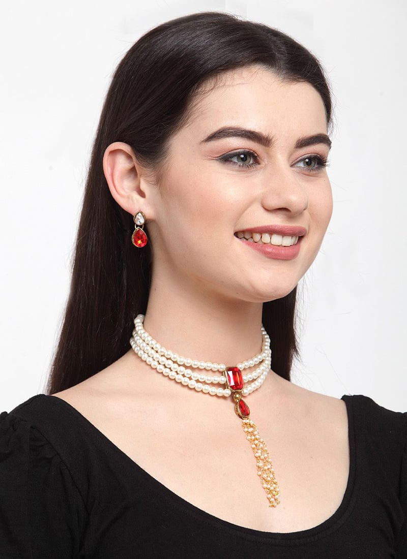 Red Stone Pearl Golden Plated Choker Set