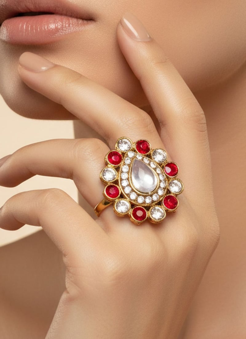 Red Stones Kundan Ring Festive Wear