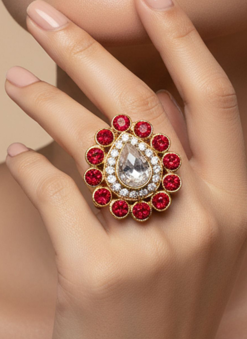 Red Stones Kundan Ring Festive Wear