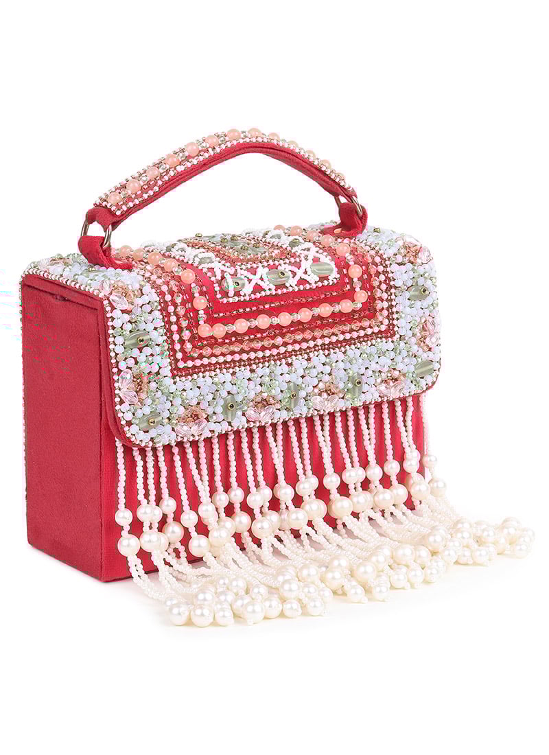 Red Suede With Moti Sling Bag Wedding Wear