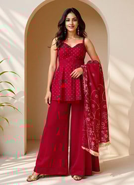 Red Tabby Organza Tikki Work With Peplum Palazzo Suit