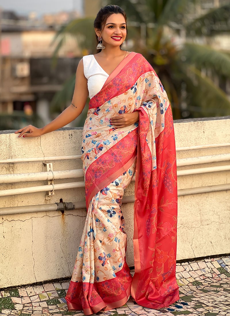 Red Tussar Silk Kalamkari Print Saree