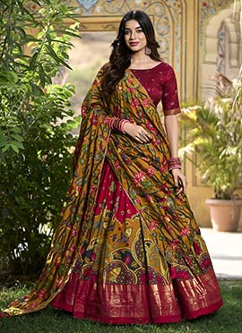 Red Tussar Silk Kashmiri Foil Print Lehenga