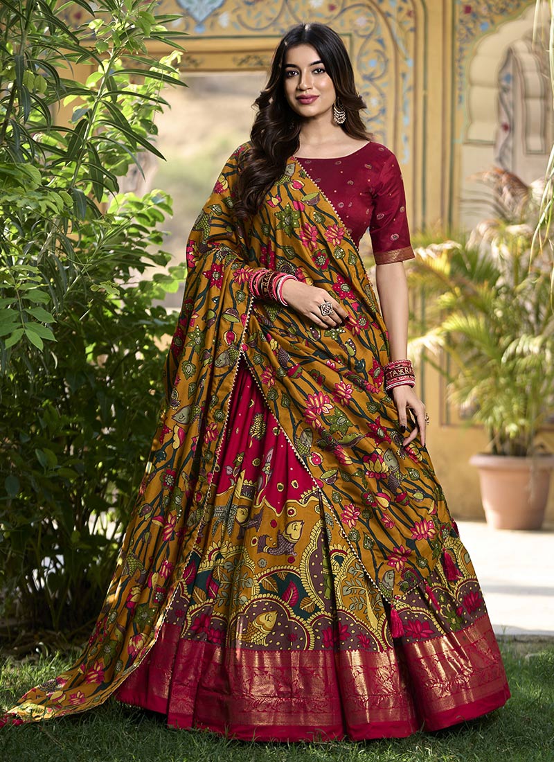 Red Tussar Silk Kashmiri Foil Print Lehenga Festive Wear