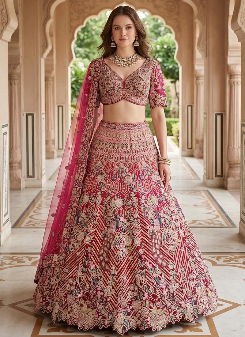 Red Twinkle Silk Embroidery Sequins Lehenga Wedding Wear