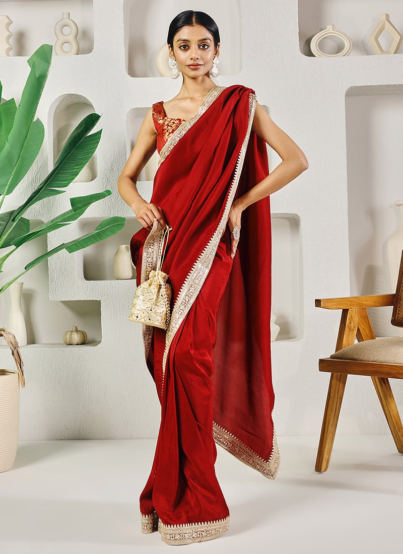 Red Upada Silk Embroidered Sequins Saree With Jacquard Blouse Festive Wear