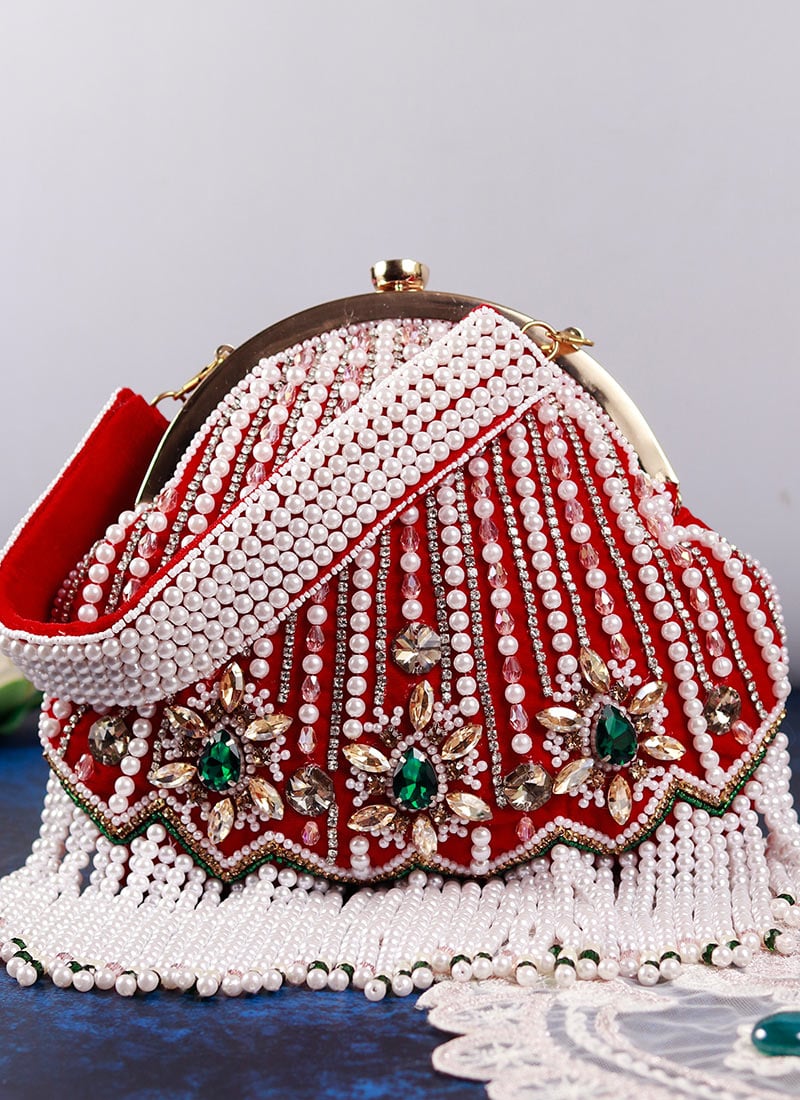 Red Velvet Clutch Embossed With Crystal And Stones Party Wear