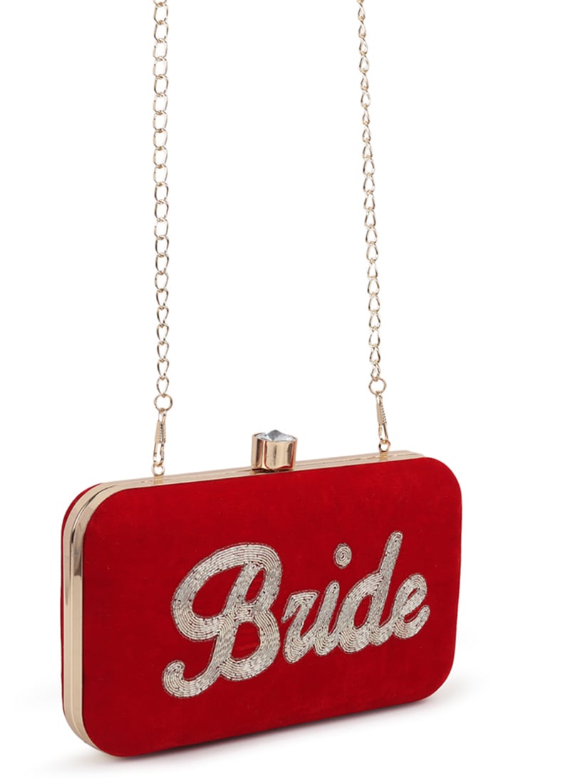 Red Velvet Cut Dana Beads Work Bridal Clutch Wedding Wear