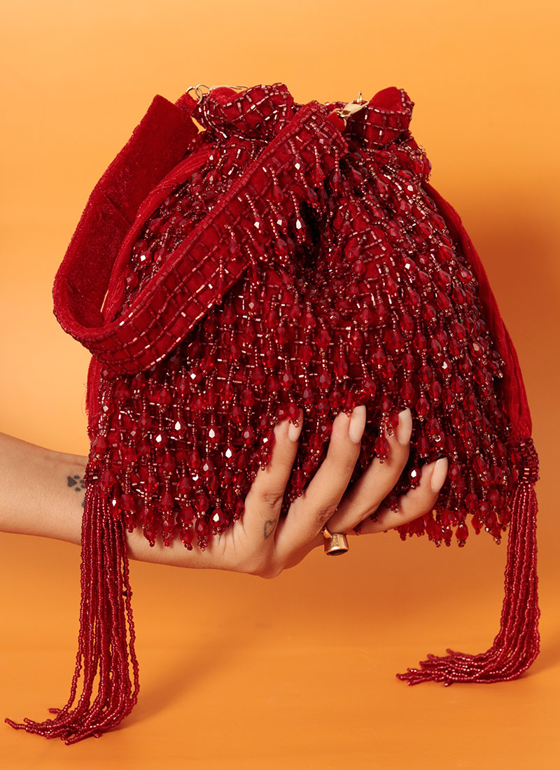 Red Velvet Cut Dana Potli Embossed With Beads