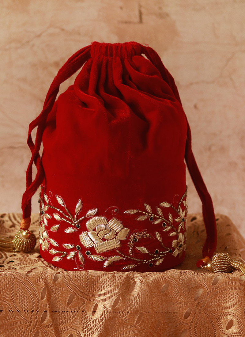 Red Velvet Cut Dana Potli Embossed With Beads And Embroidered Party Wear