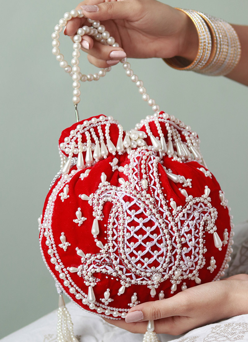 Red Velvet Cut Dana Potli Embossed With Beads And Moti Party Wear