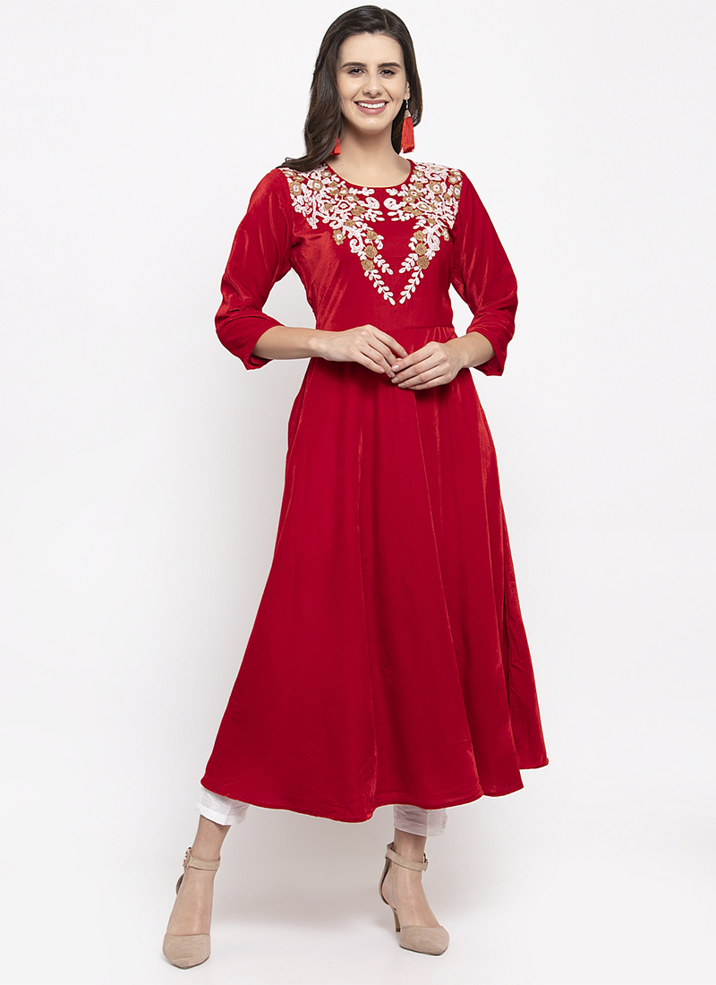 Buy Red Velvet Embroidered Kurti Party 