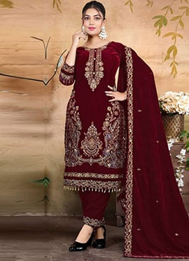 Red Velvet Embroidered Sequins Pakistani Straight Pant Suit