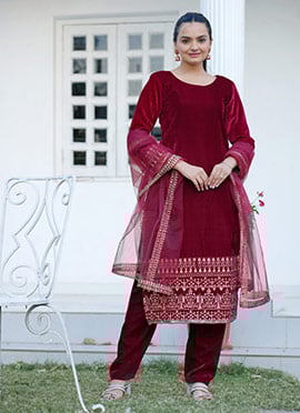 Red Velvet Embroidered Sequins Straight Pant Suit