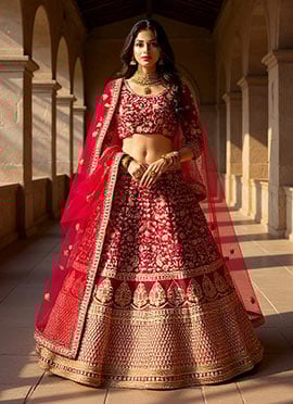 Red Velvet Embroidered Umbrella Lehenga