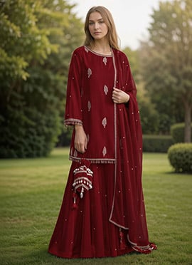 Red Velvet Hand Embroidered Sequins Sharara Suit