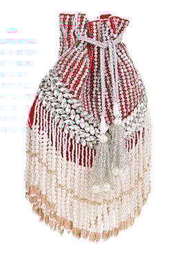 Red Velvet Kundan Work Beads And Moti Potli