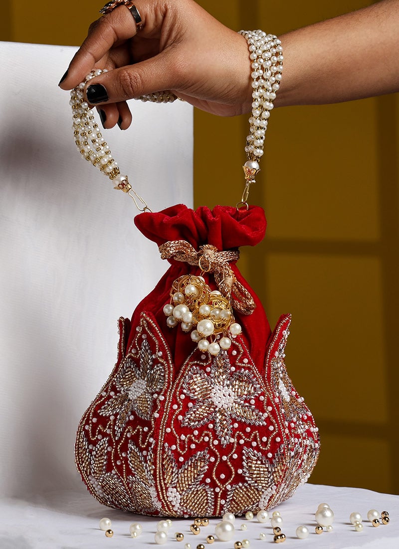 Red Velvet Moti Potli With Cut Dana Work Party Wear