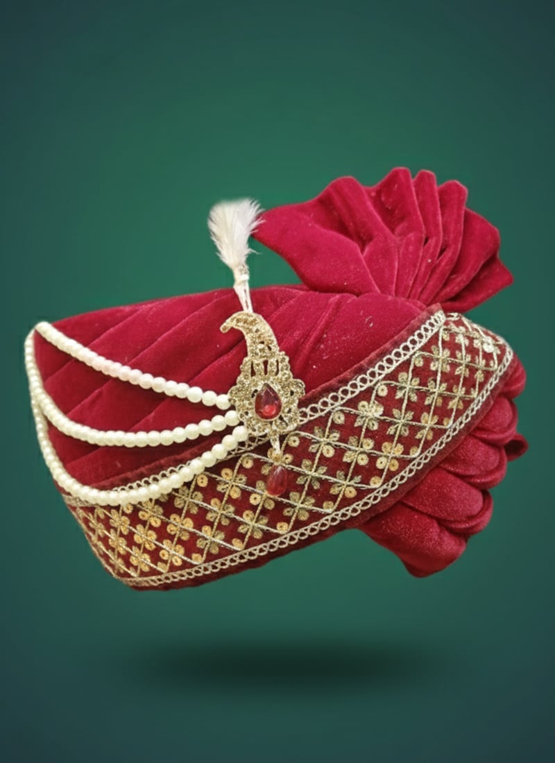 Red Velvet Sequins Embroidered Turban With Brooch