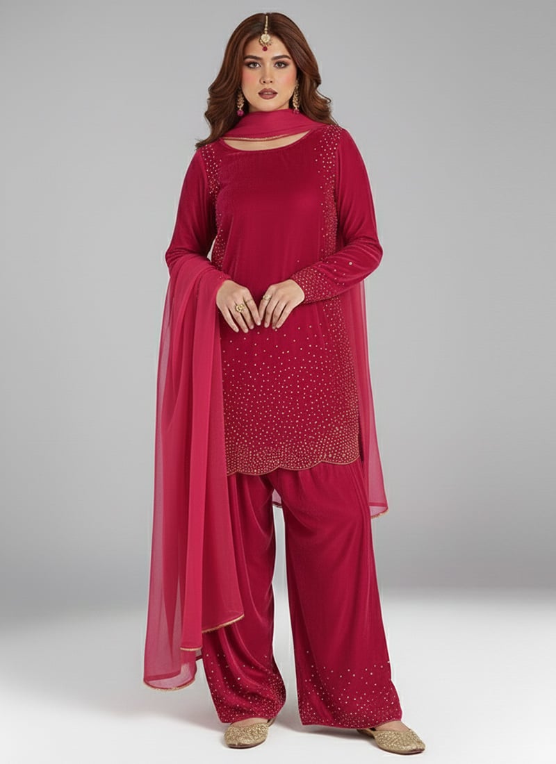 Red Velvet Sequins Hand Embroidery Salwar Suit Festive Wear