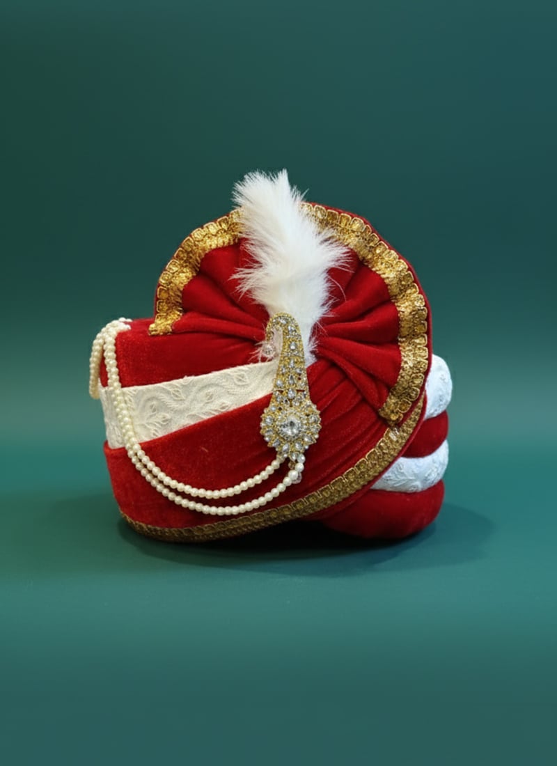 Red Velvet Sequins Turban With Brooch