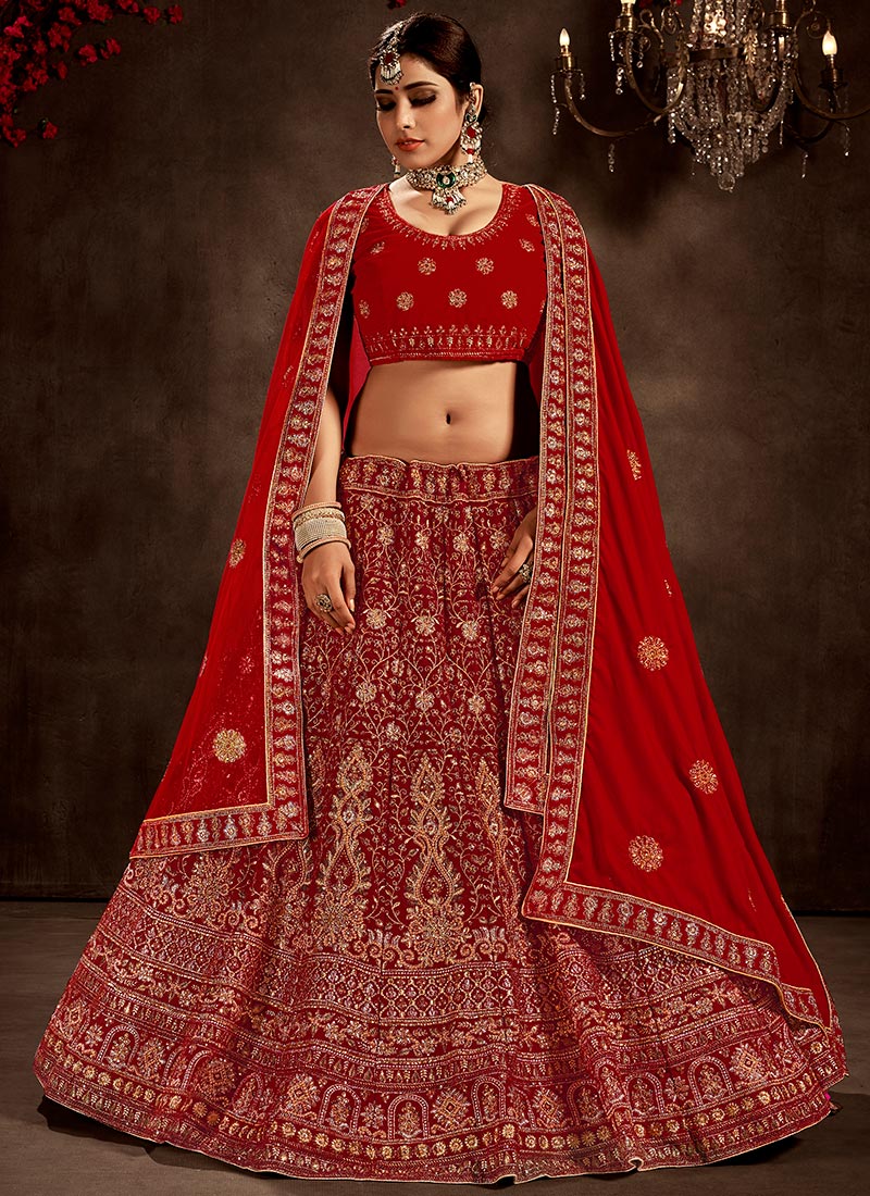 Buy Red Velvet Wedding Umbrella Lehenga for Bride Wedding Wear, Stones