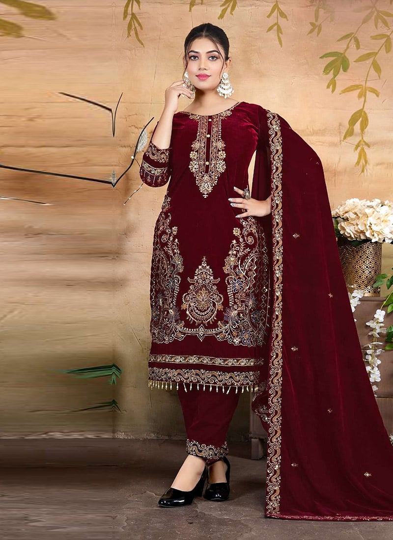 Red Velvet Zari Embroidered Sequins Thread Straight Pant Suit   Festive Wear