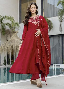 Red Vichitra Silk Embroidered Anarkali Suit