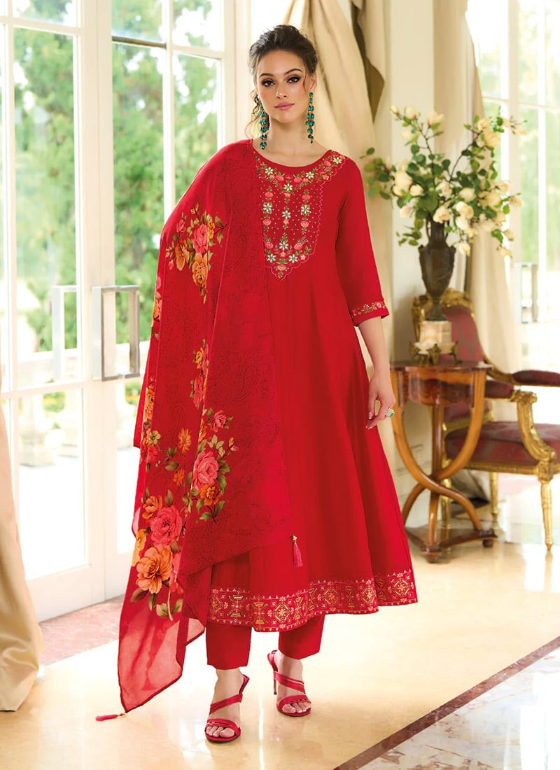 Red Vichitra Silk Embroidered Sequins A Line Straight Pant Suit