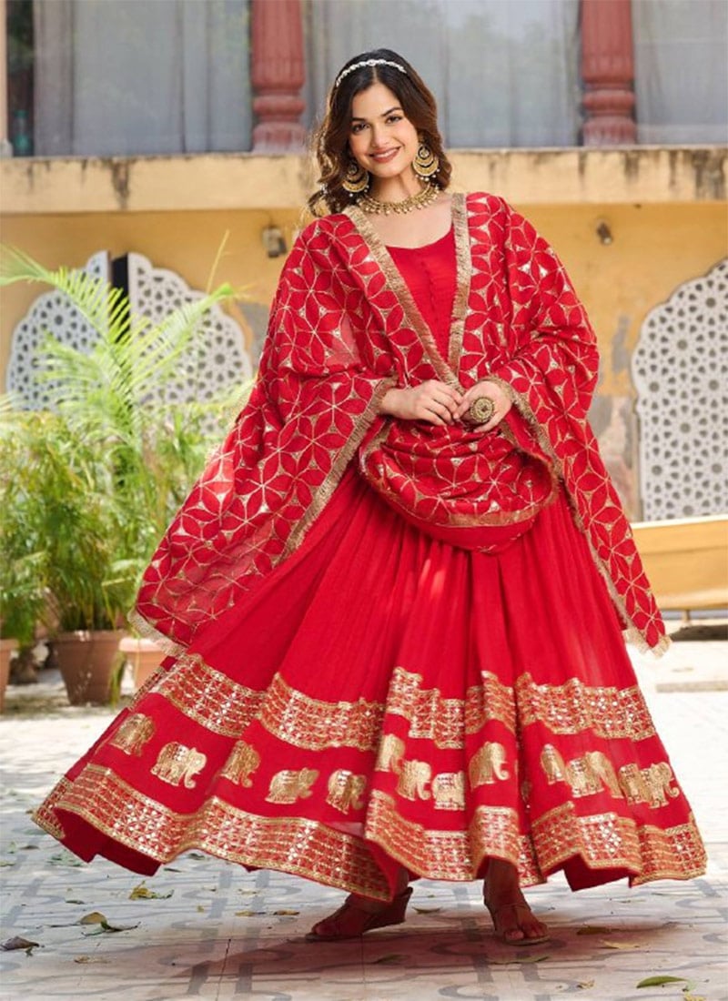 Red Vichitra Silk Embroidered Sequins Anarkali Suit Festive Wear