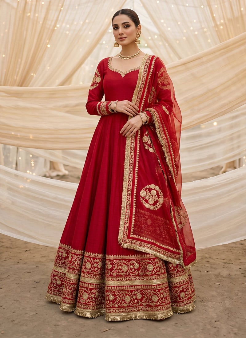 Red Vichitra Silk Embroidered Sequins Cutwork Anarkali Suit Festive Wear