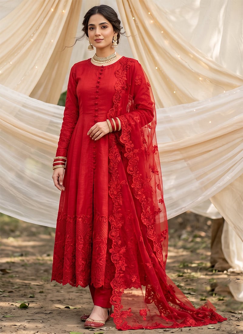 Red Vichitra Silk Embroidered Sequins Cutwork Anarkali Suit Festive Wear