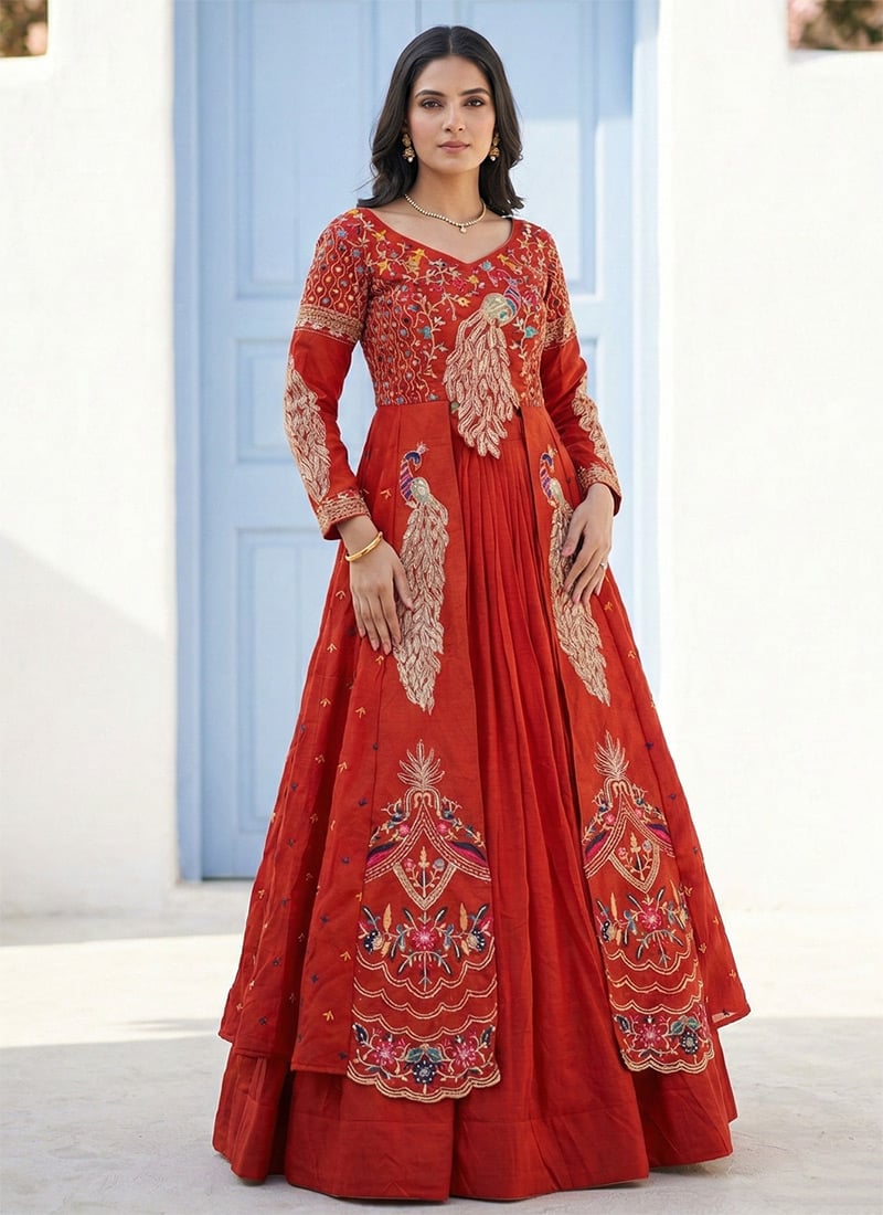 Red Vichitra Silk Embroidered Sequins Long Choli Lehenga Set Festive Wear
