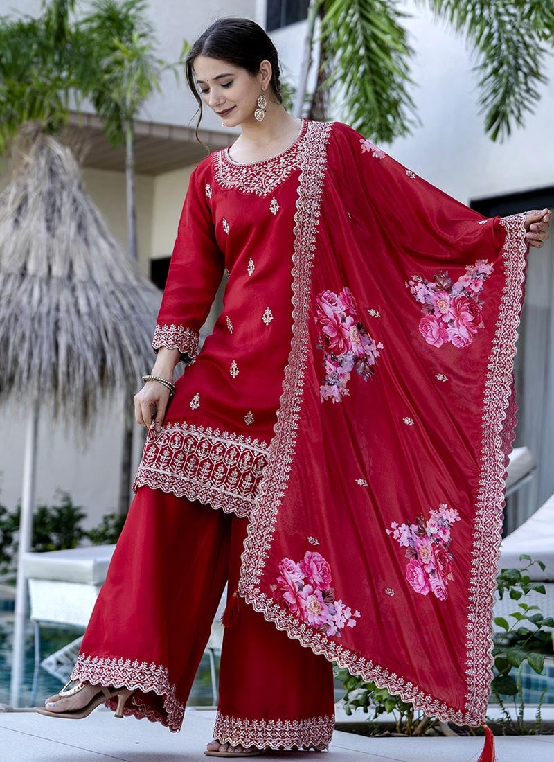 Red Vichitra Silk Embroidered Sequins Palazzo Suit Festive Wear