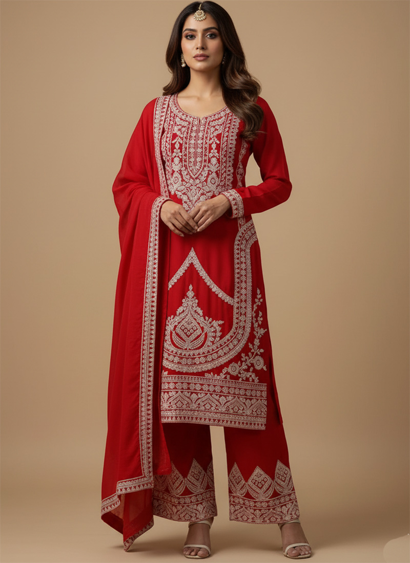 Red Vichitra Silk Embroidered Sequins Palazzo Suit Festive Wear