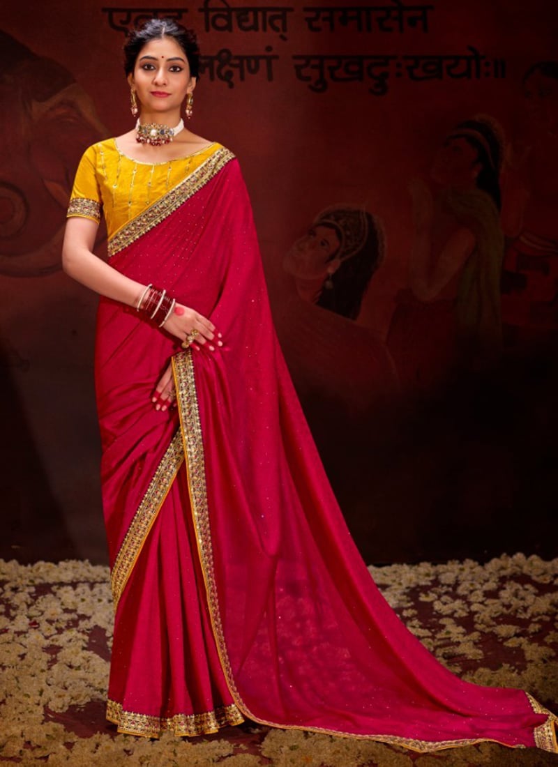 Red Vichitra Silk Embroidered Sequins Saree Festive Wear