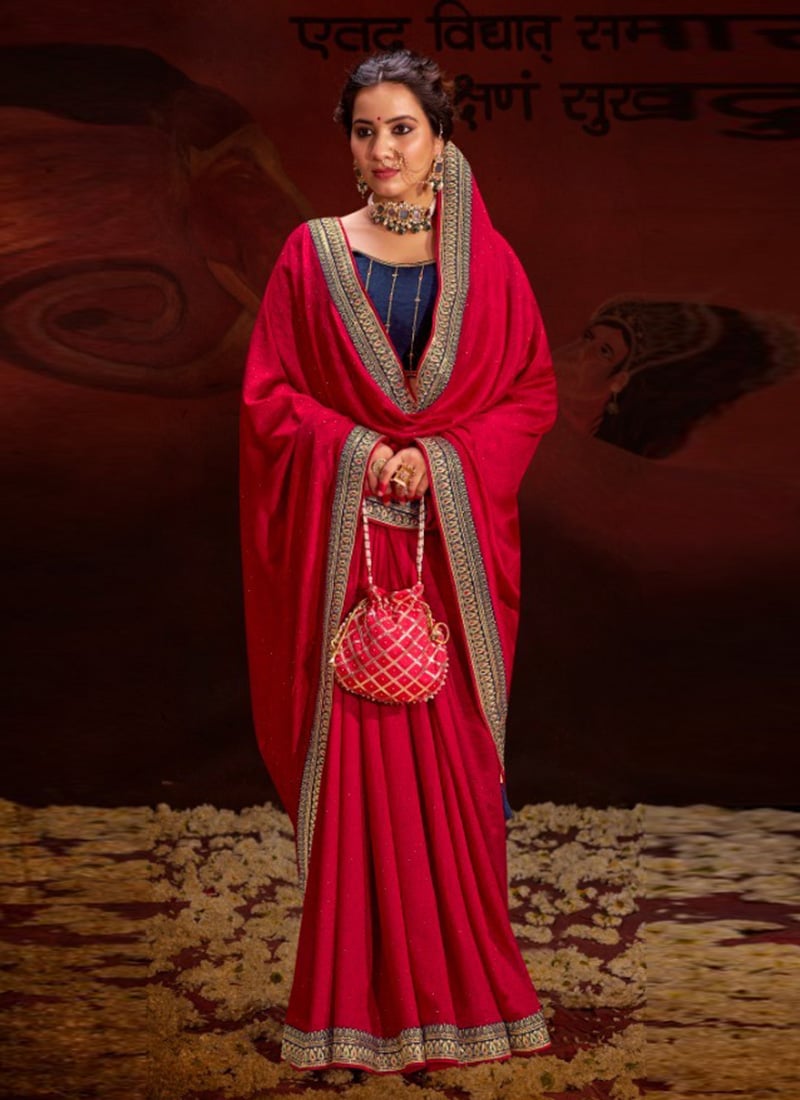 Red Vichitra Silk Embroidered Sequins Saree Festive Wear