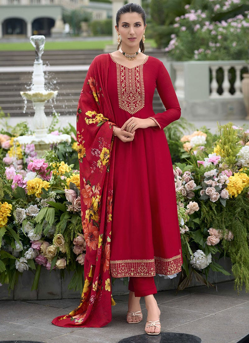 Red Vichitra Silk Embroidered Sequins Straight Pant Suit With Floral Digital Print Dupatta Festive Wear