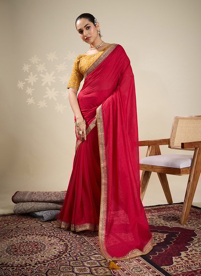 Red Vichitra Silk Embroidered Zari Saree