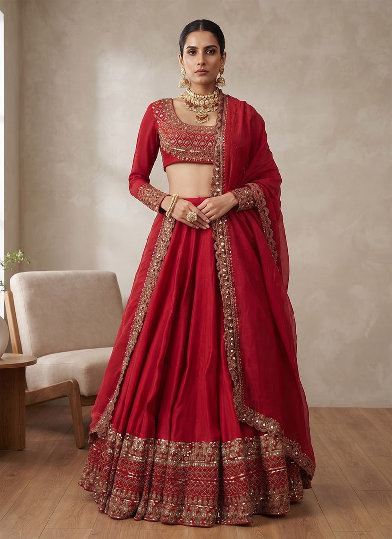 Red Vichitra Silk Golden Thread Embroidered Sequins Lehenga Wedding Wear