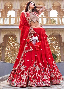 Red Vichitra Silk Sequins And Thread Embroidered Umbrella Lehenga